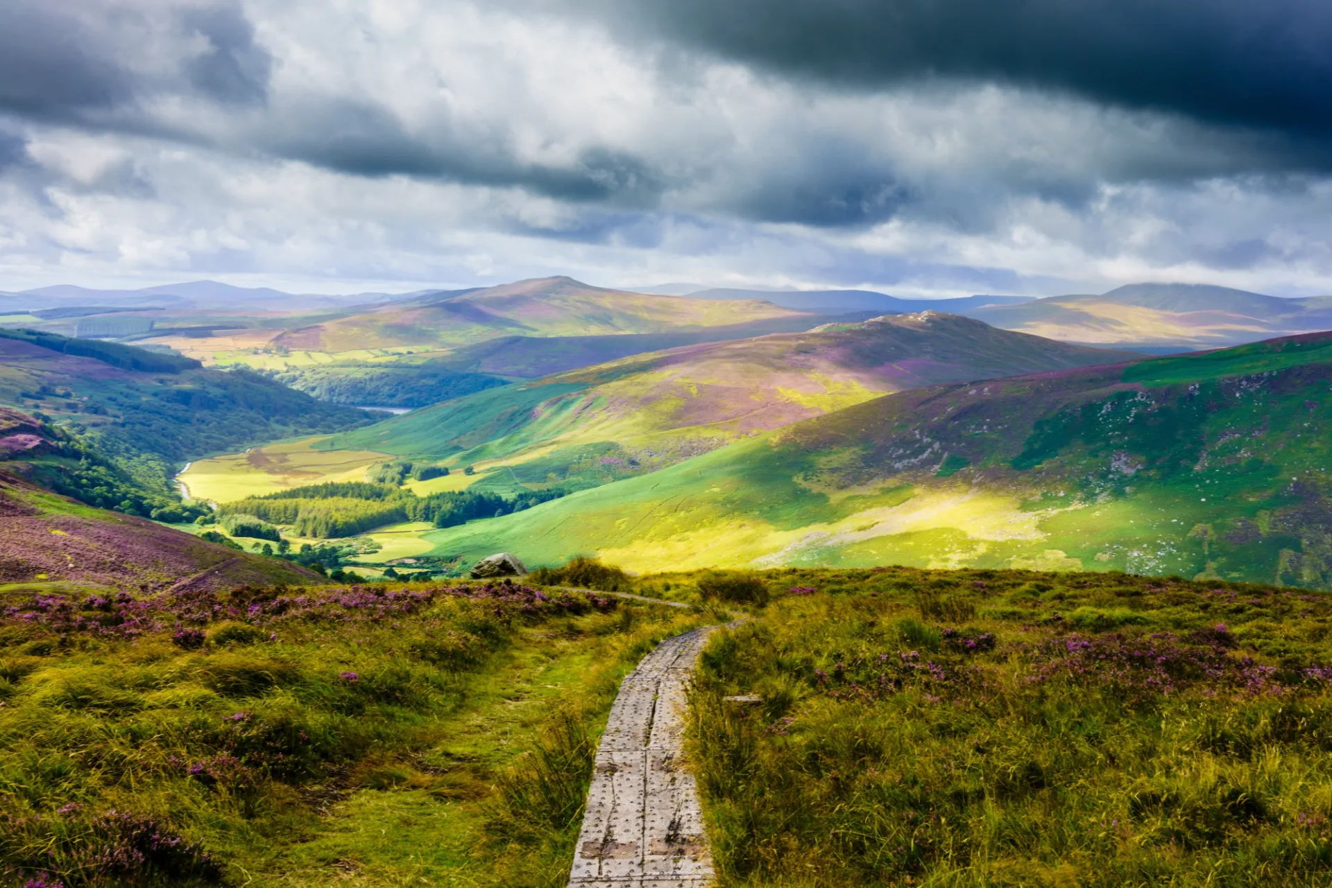 The Wicklow Way path winding through open mountain landscape in County Wicklow