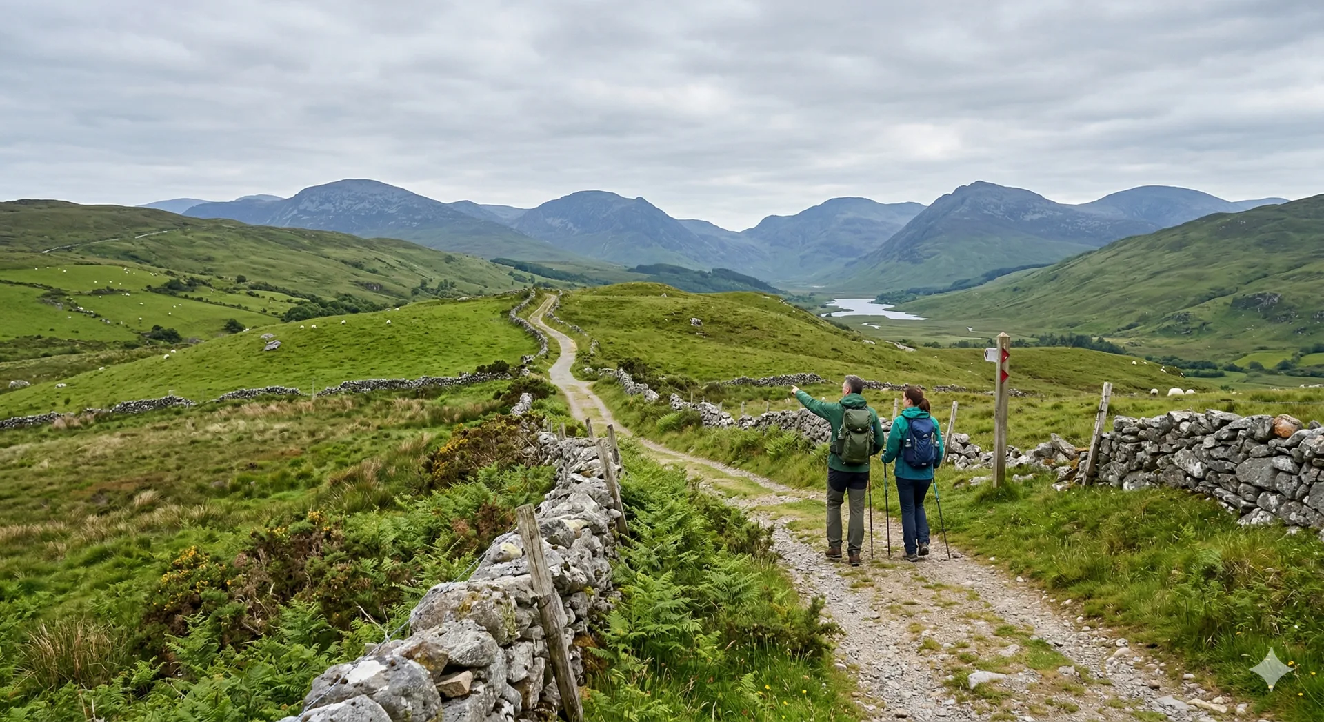 Hikers walking through an Irish valley on a walking holiday