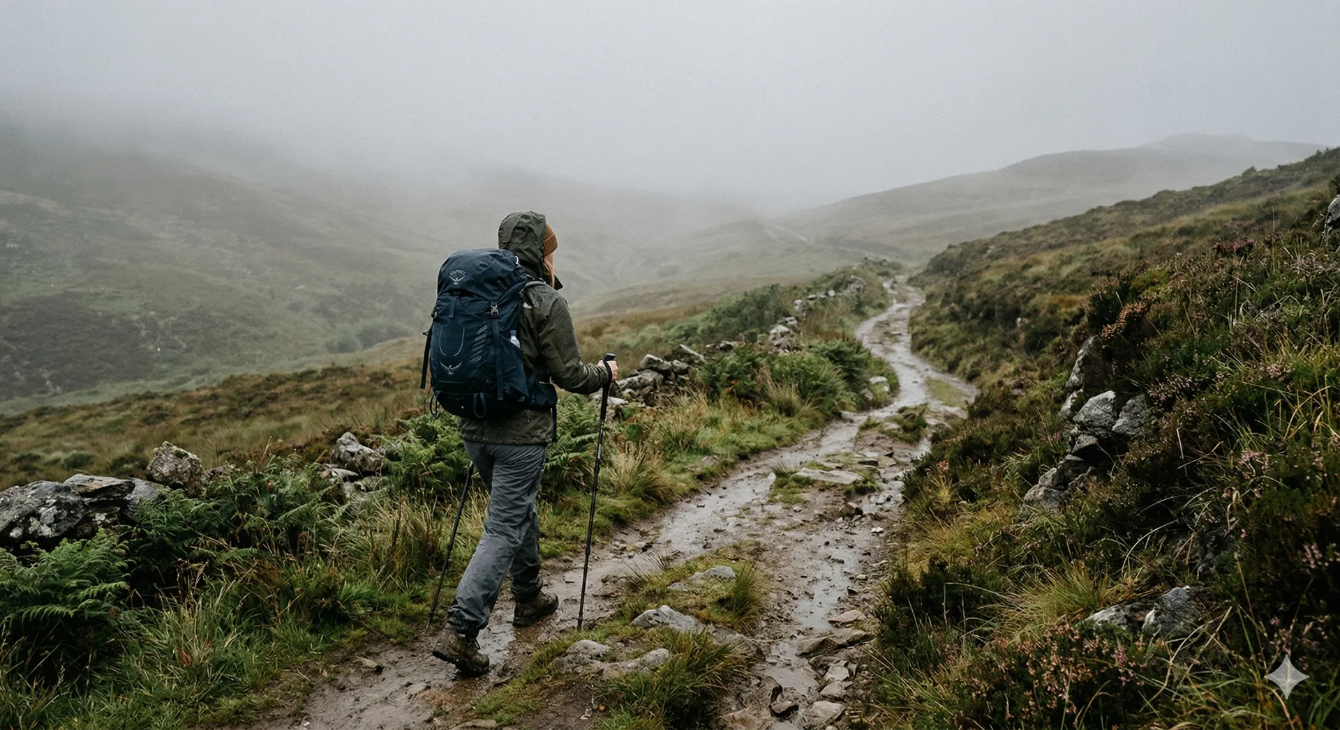 Walker on a misty path along the pilgrim trail pilgrimage route