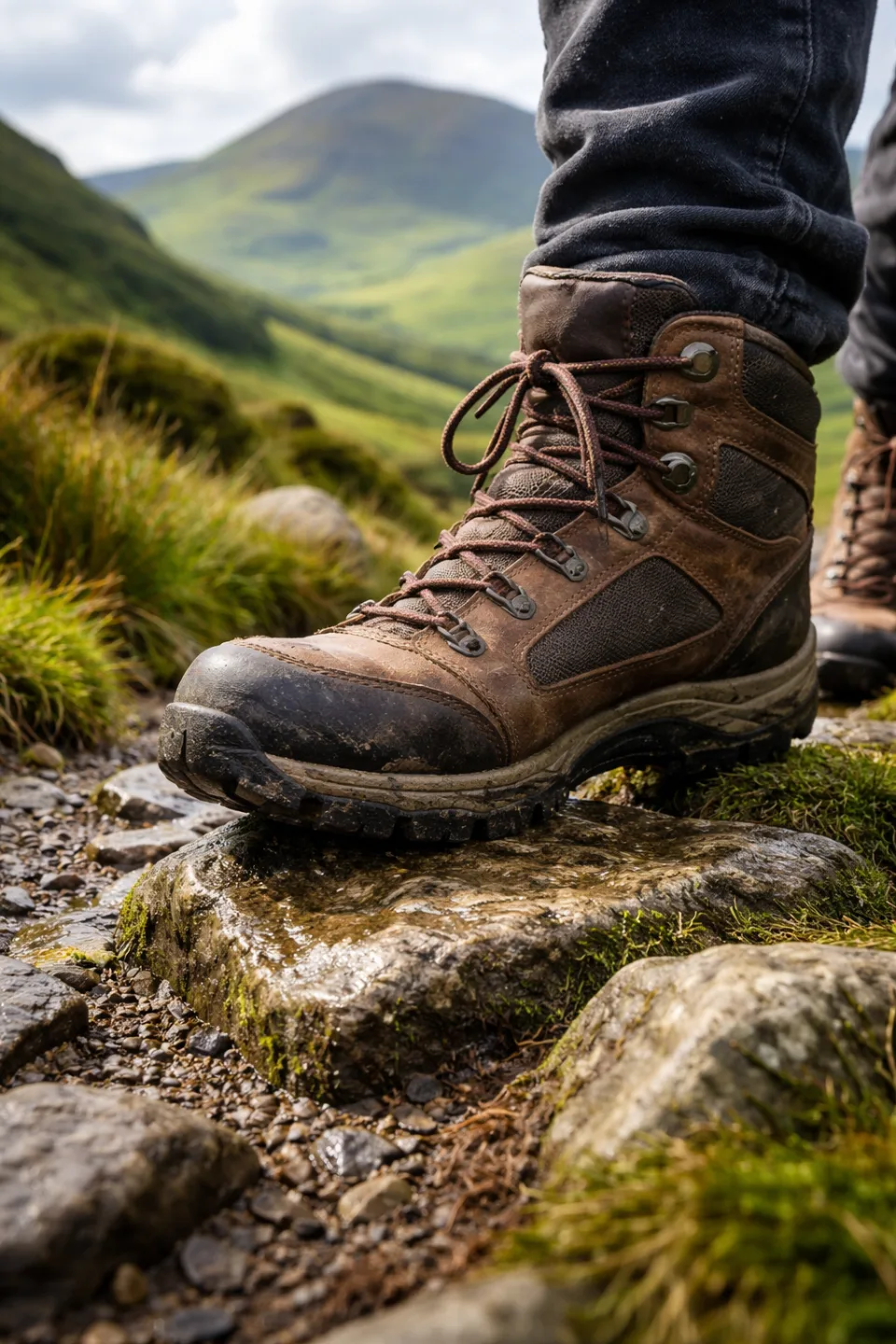 Close-up of a hiker's boot planted on a rocky path in Ireland, showing sole grip and ankle support