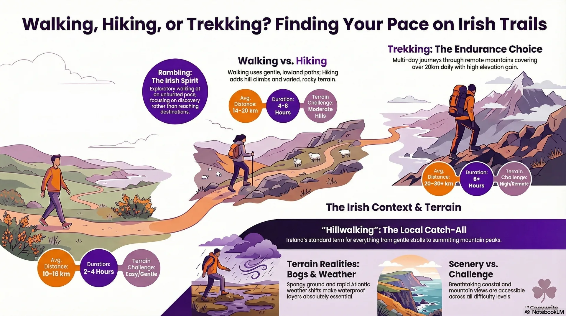Infographic comparing walking, hiking, rambling and trekking in Ireland