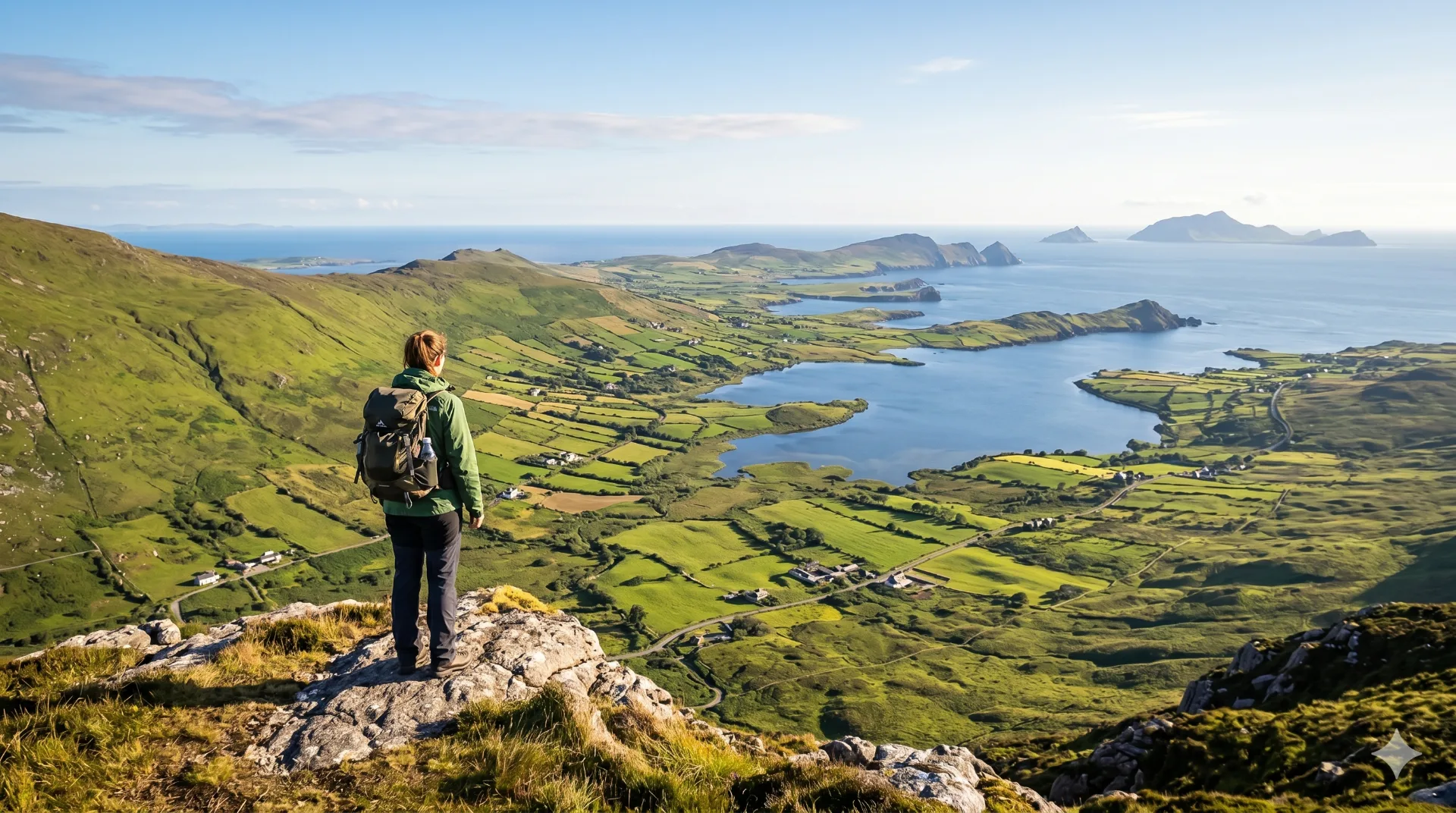 Walker on a sunny Irish mountain ridge looking out over a wide valley and distant coastline on the Kerry Way
