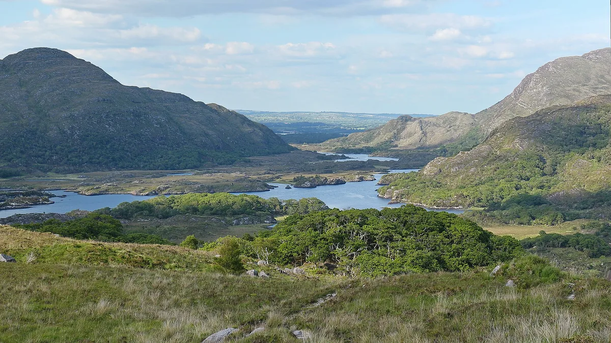 Panorama of lakes and mountains from Ladies View, one of the best hikes in Killarney National Park