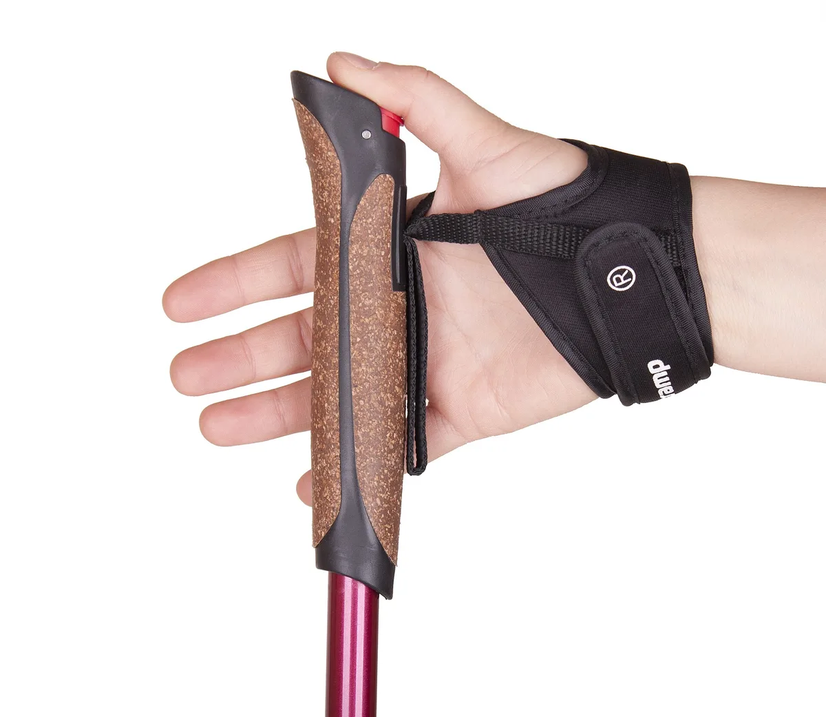 Close-up of a Nordic walking pole grip with glove-style wrist strap, the key to proper Nordic walking technique