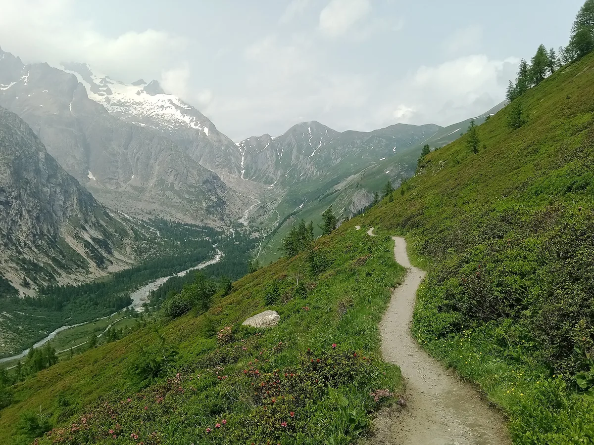 The Tour du Mont Blanc trail through Val Ferret in Italy, one of the best hiking in Europe