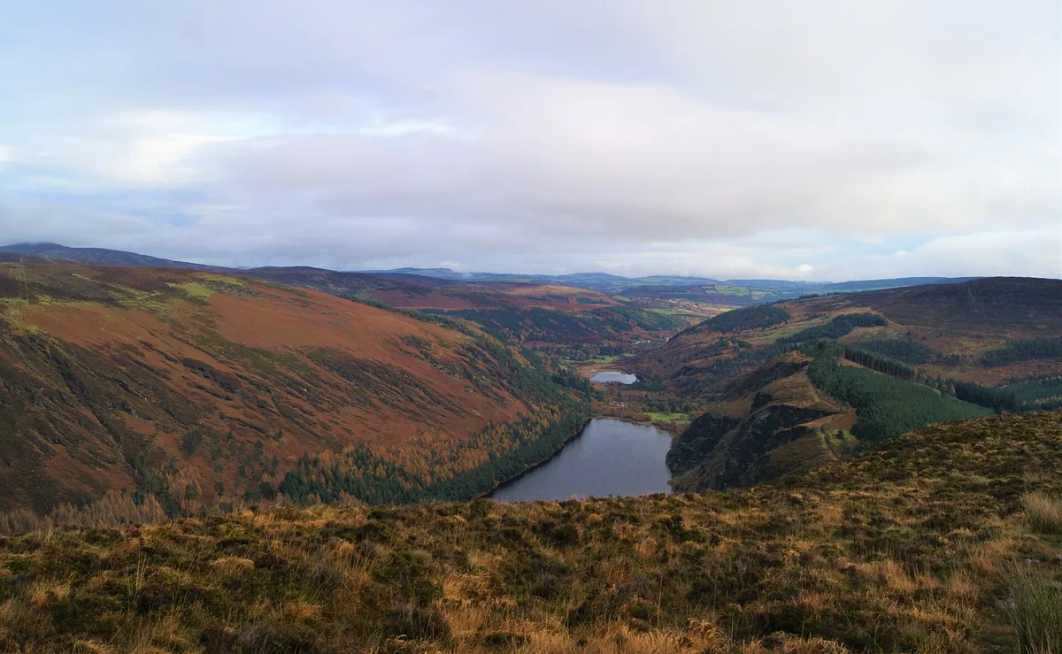 View from the Lugduff ridge over the Upper and Lower Lakes while walking in Glendalough