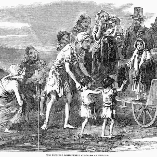 An 1849 engraving from the Illustrated London News showing clothing being handed out to the poor at Kilrush